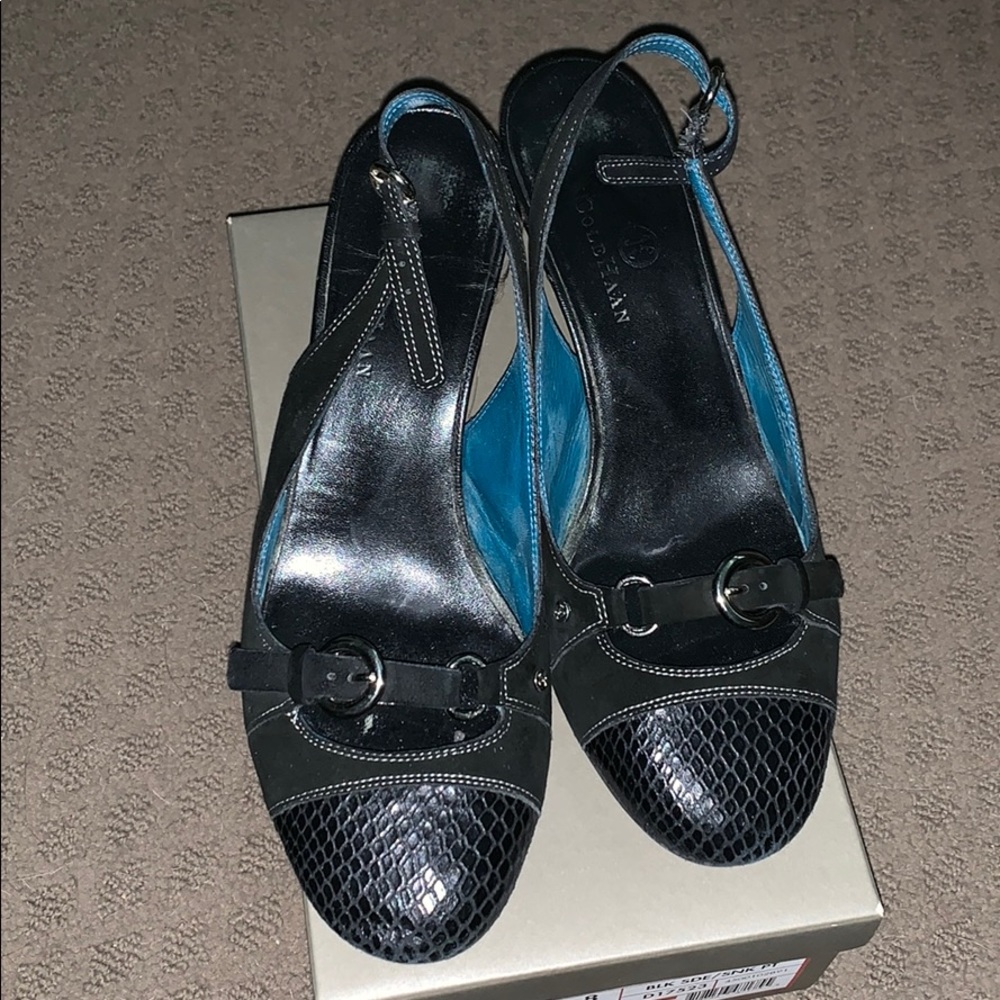 COLE HAAN Black Slingback Pumps with Textured Toe and Buckle